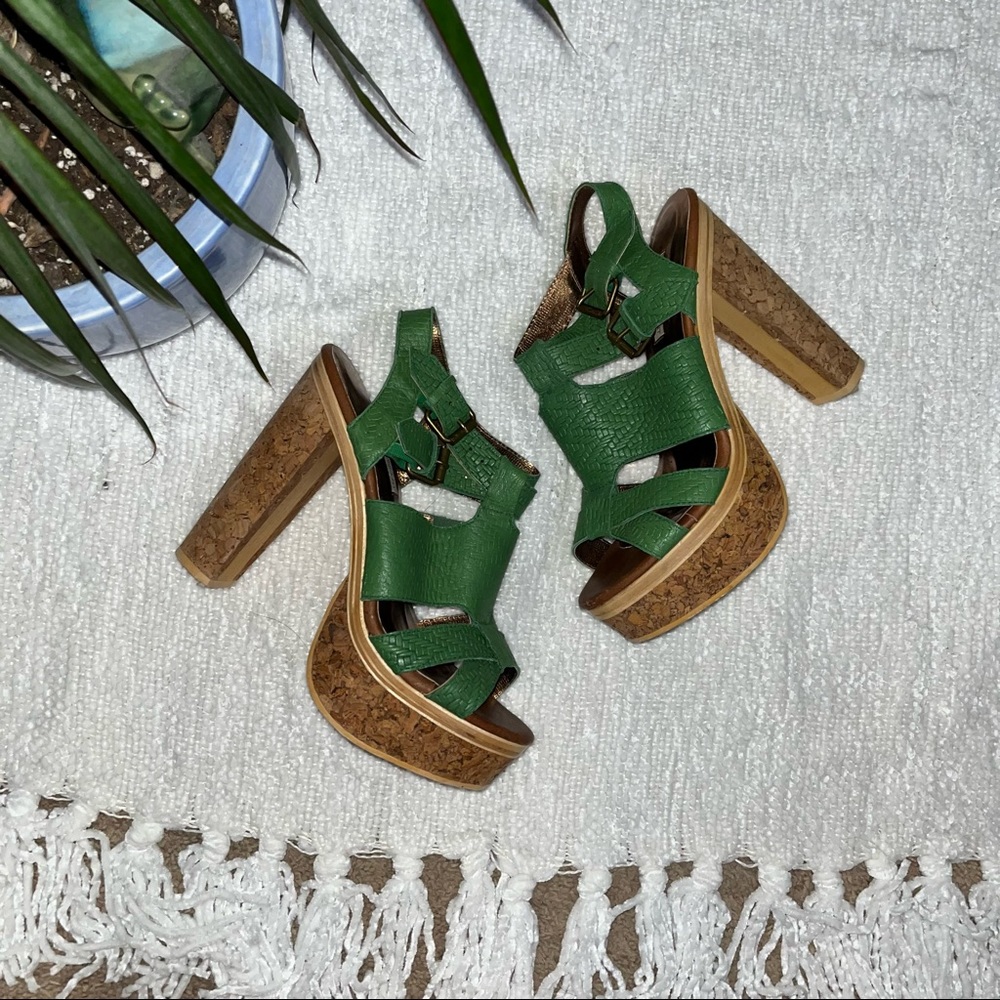 Cynthia Vincent Green Leather Cork Platform Sandals